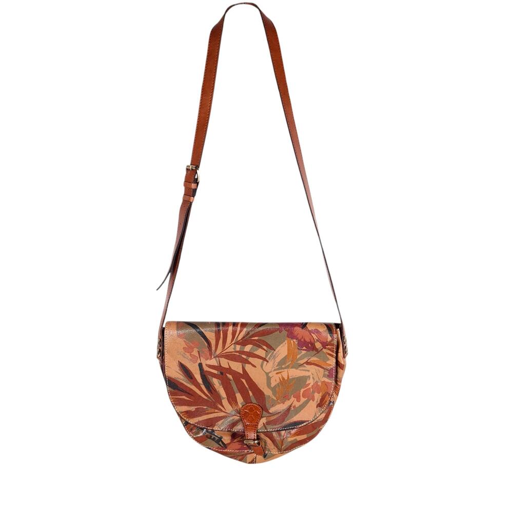 Patricia Nash Rosolini Purse Brown Green Leather Tropical Palm Print Saddle Bag